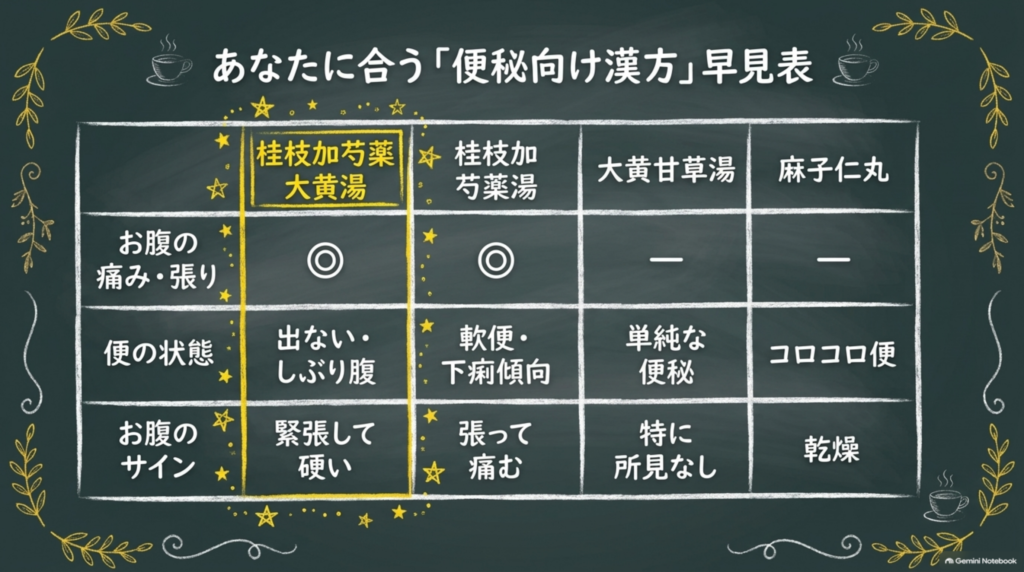 便秘向け漢方の早見表:桂枝加芍薬大黄湯・桂枝加芍薬湯・大黄甘草湯・麻子仁丸の、お腹の痛み・張り、便の状態、お腹のサインの比較