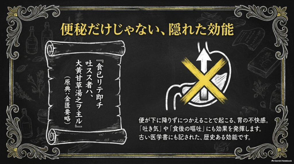 便秘だけじゃない隠れた効能。『金匱要略』に「食已リテ即チ吐スル者ハ、大黄甘草湯之ヲ主ル」と記された、食後の嘔吐への効能