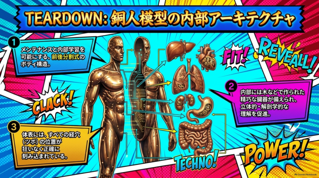 銅人模型の内部構造：前後に分かれるボディ、内部に備えられた臓器の模型、体表に正確に刻み込まれた経穴（ツボ）