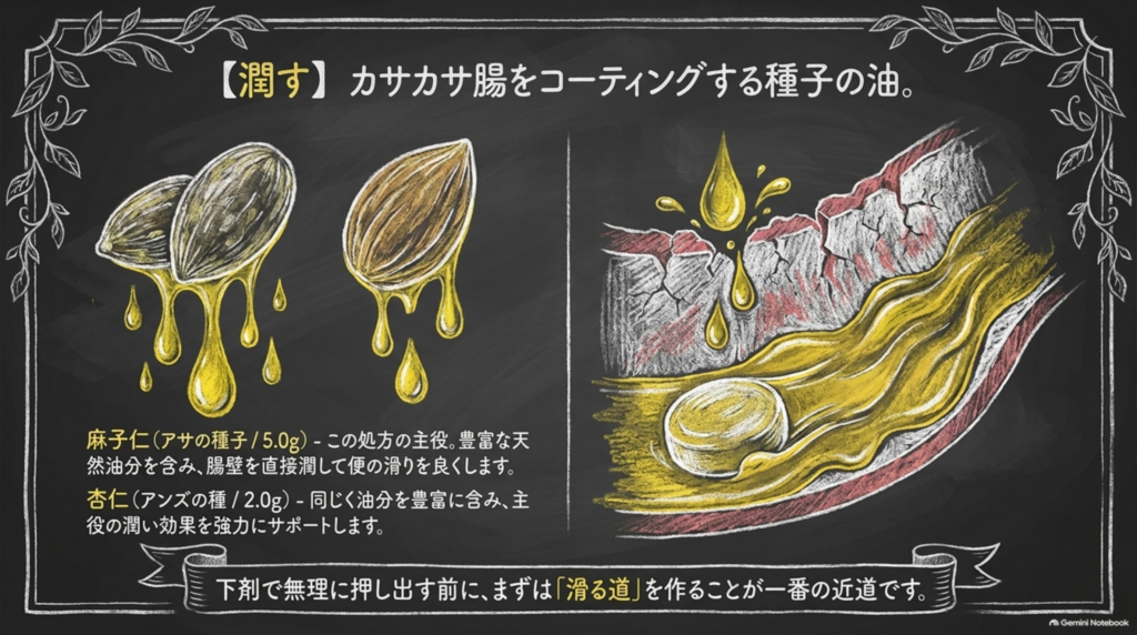 麻子仁と杏仁の種子の油が、カサカサの腸をコーティングして便の滑りをよくする