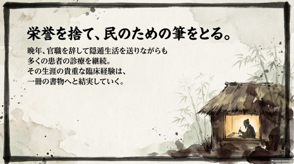 栄誉を捨て、民のための筆をとる。晩年、官職を辞して隠遁しながらも多くの患者の診療を続けた