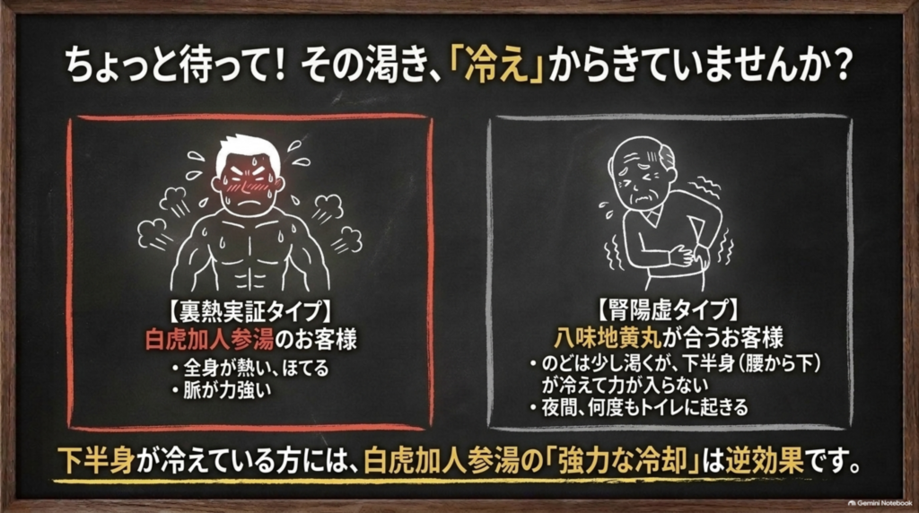 その渇き、冷えからきていませんか?全身が熱い裏熱実証タイプは白虎加人参湯、下半身が冷えて夜間頻尿のある腎陽虚タイプは八味地黄丸