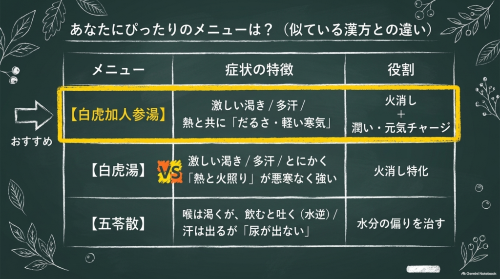 似ている漢方との違い:白虎加人参湯は渇き・多汗・だるさや軽い寒気に火消しと元気チャージ、白虎湯は熱に特化、五苓散は水分の偏りを治す
