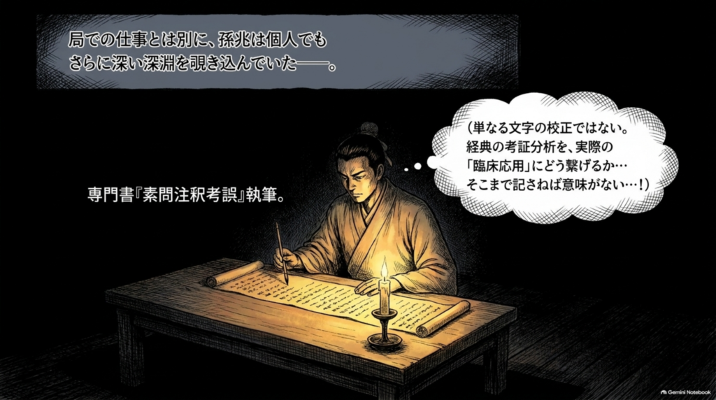 局での仕事とは別に、孫兆は個人でも専門書『素問注釈考誤』を執筆し、さらに深い研究を進めていた