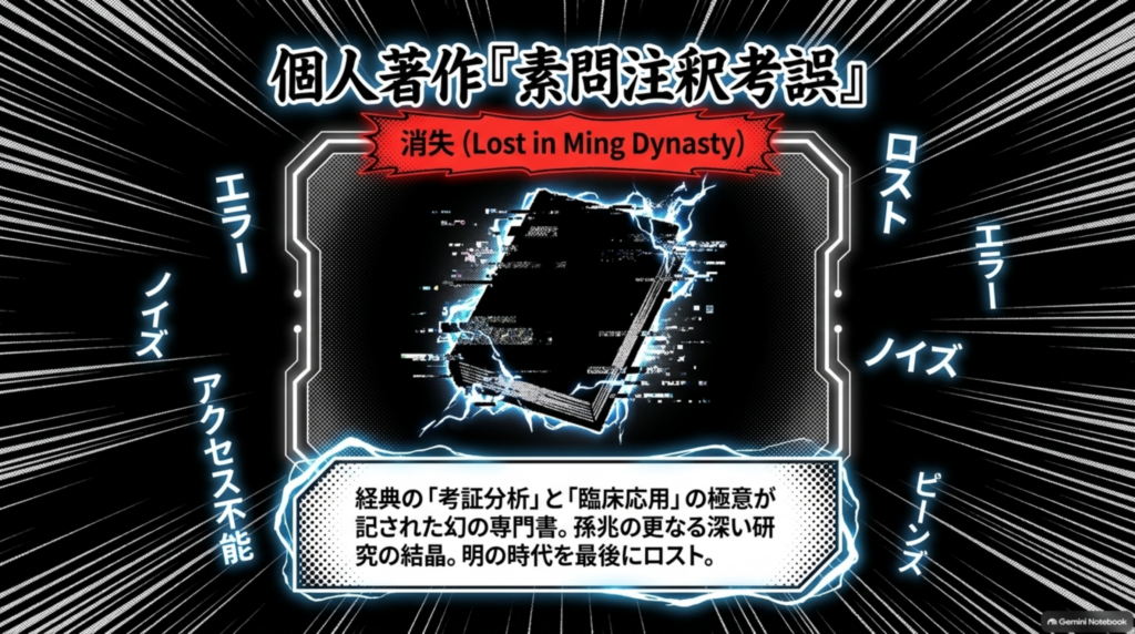 幻の専門書『素問注釈考誤』。経典の考証分析と臨床応用の極意が記されていたが、明の時代を最後に失われた