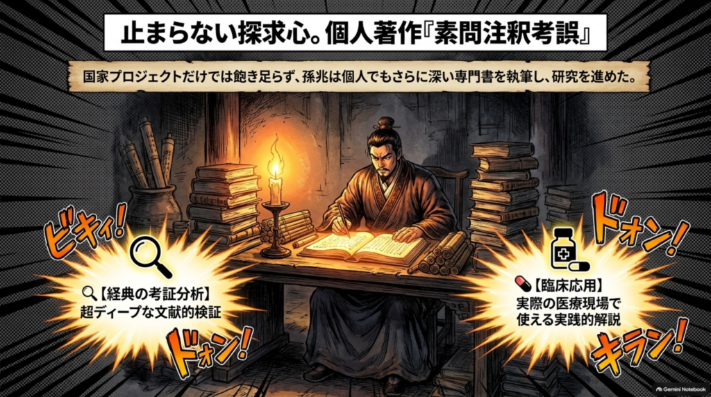 止まらない探求心。孫兆の個人著作『素問注釈考誤』は、経典の考証分析と臨床応用を詳しく解説した専門書だった