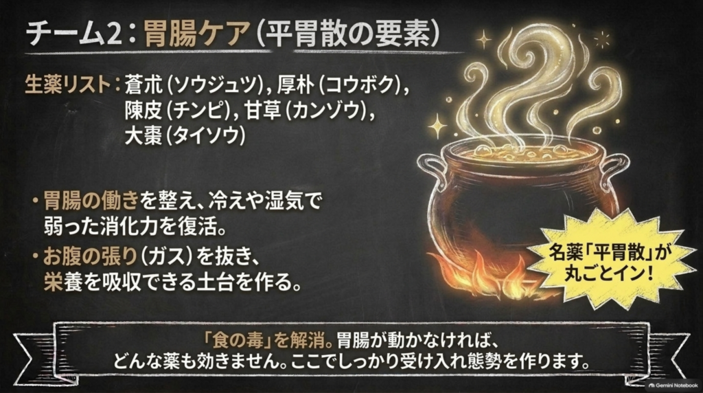 チーム2:胃腸ケア(平胃散の要素)。蒼朮・厚朴・陳皮・甘草・大棗が弱った消化力を復活させる