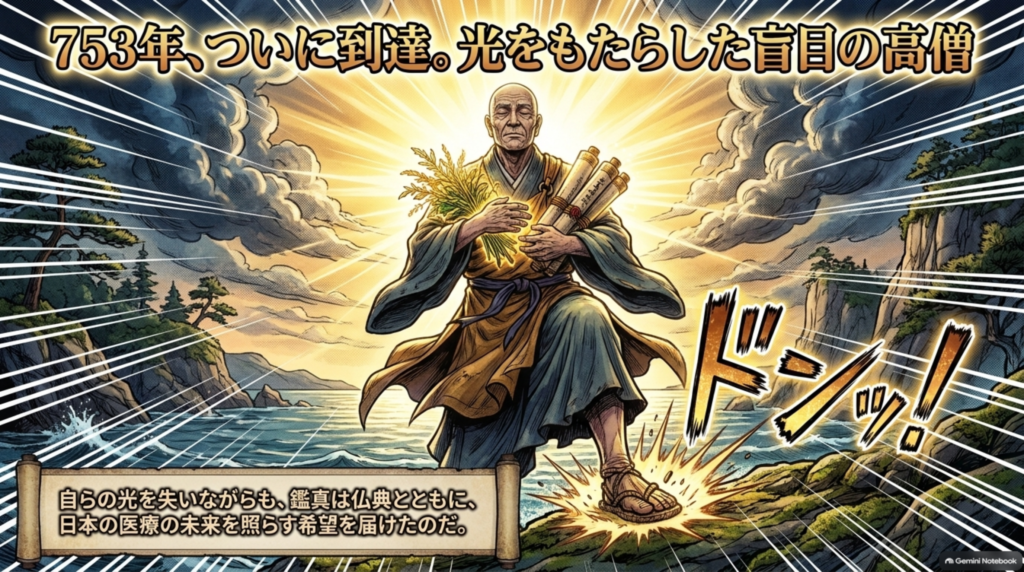 753年、ついに到達。光を失いながらも、鑑真は仏典とともに日本の医療の未来を照らす希望を届けた
