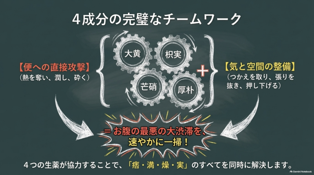 4成分の完璧なチームワーク：便への直接攻撃と、気と空間の整備で、お腹の最悪の大渋滞を一掃する
