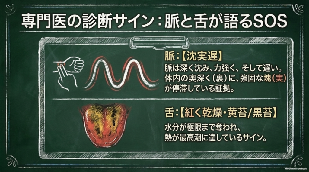 専門家の診断サイン：脈は沈んで力強く遅い「沈実遅」、舌は紅く乾燥して黄苔や黒苔が付く