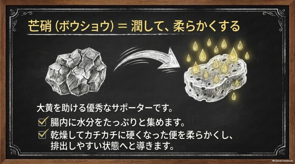 芒硝＝潤して、柔らかくする。腸内に水分を集め、カチカチに硬くなった便を柔らかくする
