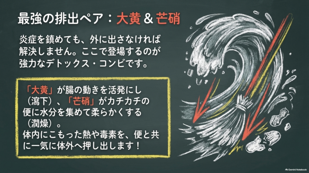 最強の排出ペア、大黄と芒硝。大黄が腸の動きを活発にし、芒硝が便に水分を集めて柔らかくする