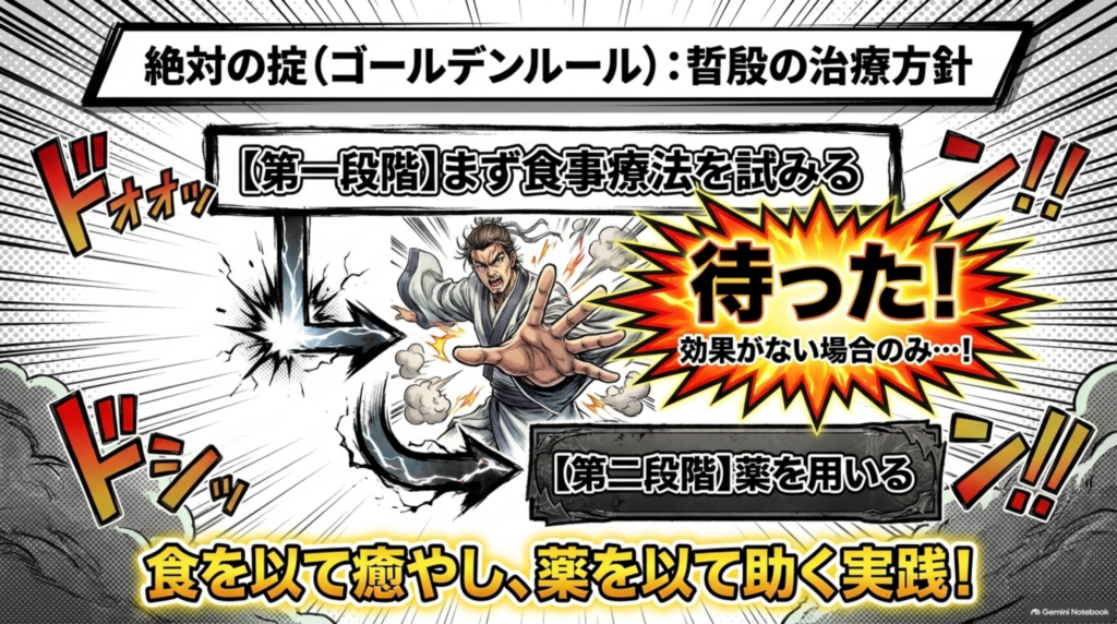 昝殷の治療方針：第一段階はまず食事療法を試み、効果がない場合のみ第二段階で薬を用いる。食を以て癒やし、薬を以て助く