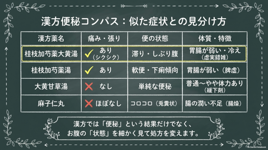 漢方便秘コンパス:桂枝加芍薬大黄湯・桂枝加芍薬湯・大黄甘草湯・麻子仁丸の痛み・張り、便の状態、体質の見分け方