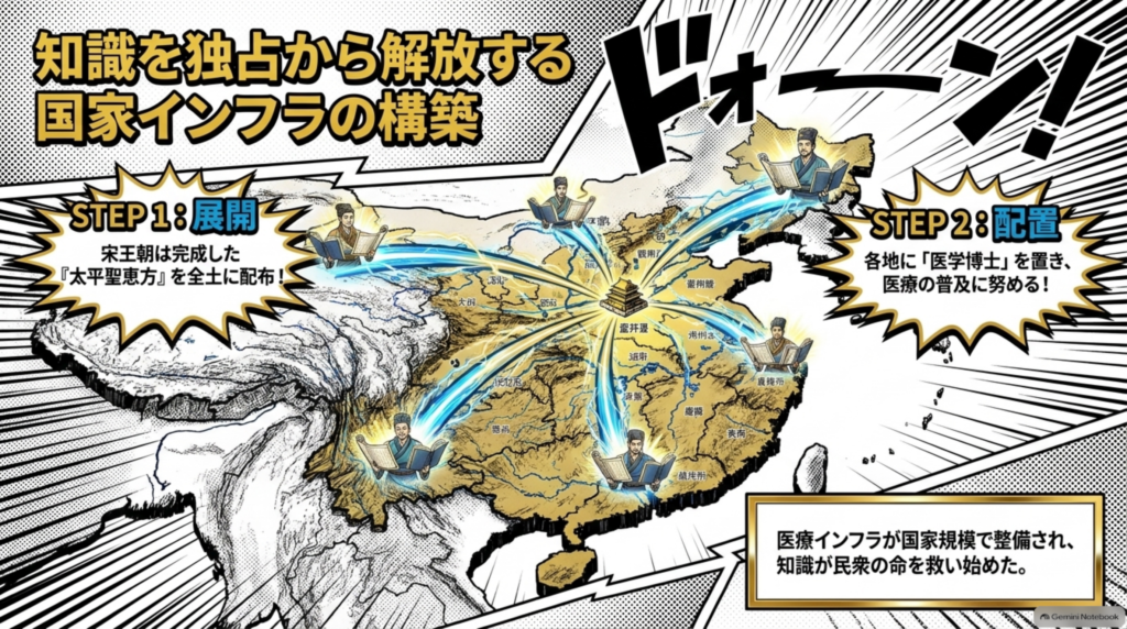 知識を独占から解放する国家インフラの構築。完成した『太平聖恵方』を全土に配布し、各地に医学博士を置いて医療を普及