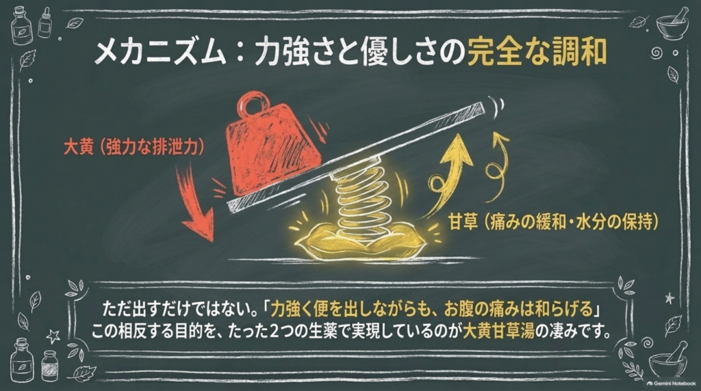 力強さと優しさの調和。力強く便を出しながらも、お腹の痛みは和らげる。この相反する目的を2つの生薬で実現