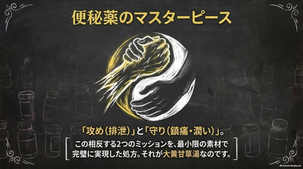 便秘薬のマスターピース。攻め（排泄）と守り（鎮痛・潤い）を、最小限の素材で実現した処方