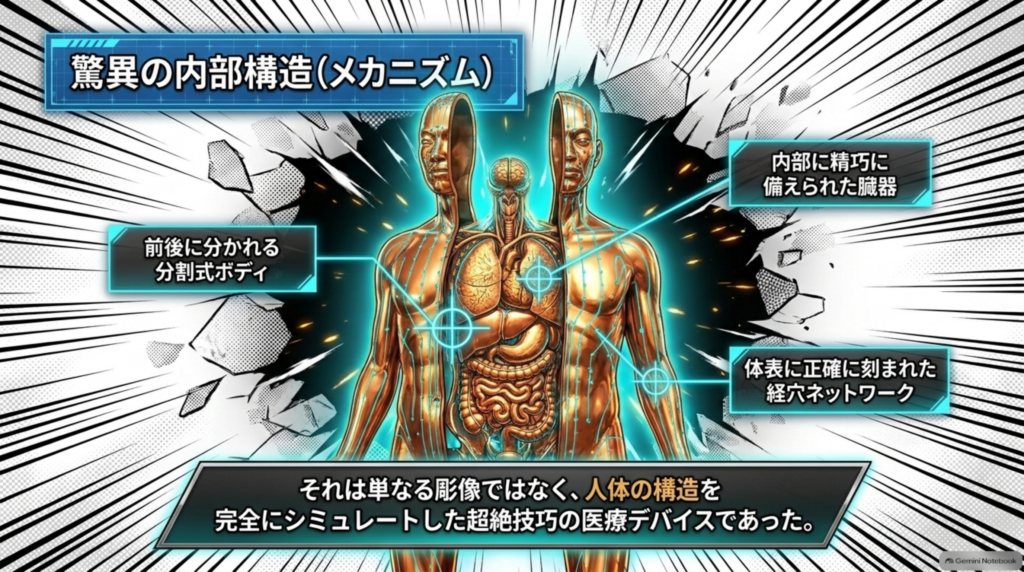 驚異の内部構造：前後に分かれる分割式ボディ、内部に精巧に備えられた臓器、体表に正確に刻まれた経穴ネットワーク