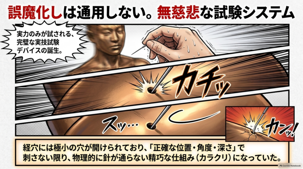 ごまかしは通用しない試験システム。経穴には小さな穴が開けられ、正確な位置・角度・深さで刺さない限り針が通らない仕組みだった