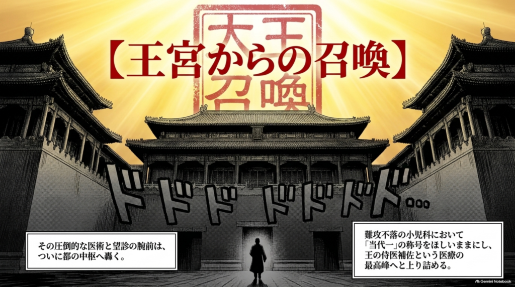 王宮からの召喚。圧倒的な医術と望診の腕前は都の中枢へ届き、王の侍医補佐という地位へ