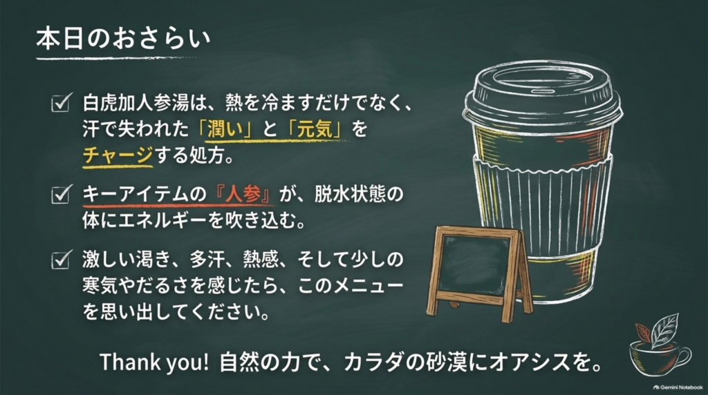 本日のおさらい:白虎加人参湯は熱を冷ますだけでなく、汗で失われた潤いと元気を補う処方
