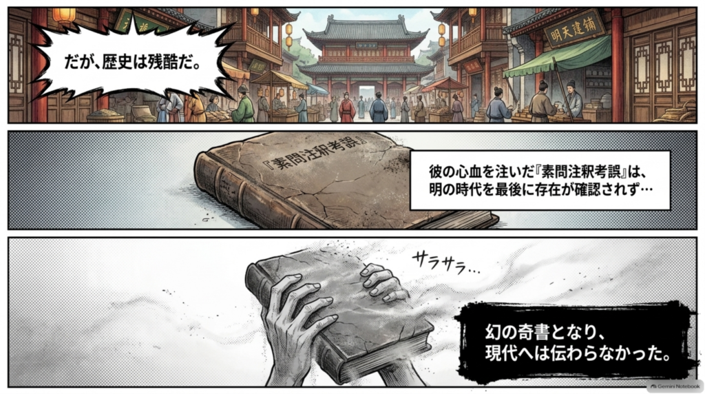 孫兆が心血を注いだ『素問注釈考誤』は、明の時代を最後に存在が確認されず、現代へは伝わらなかった