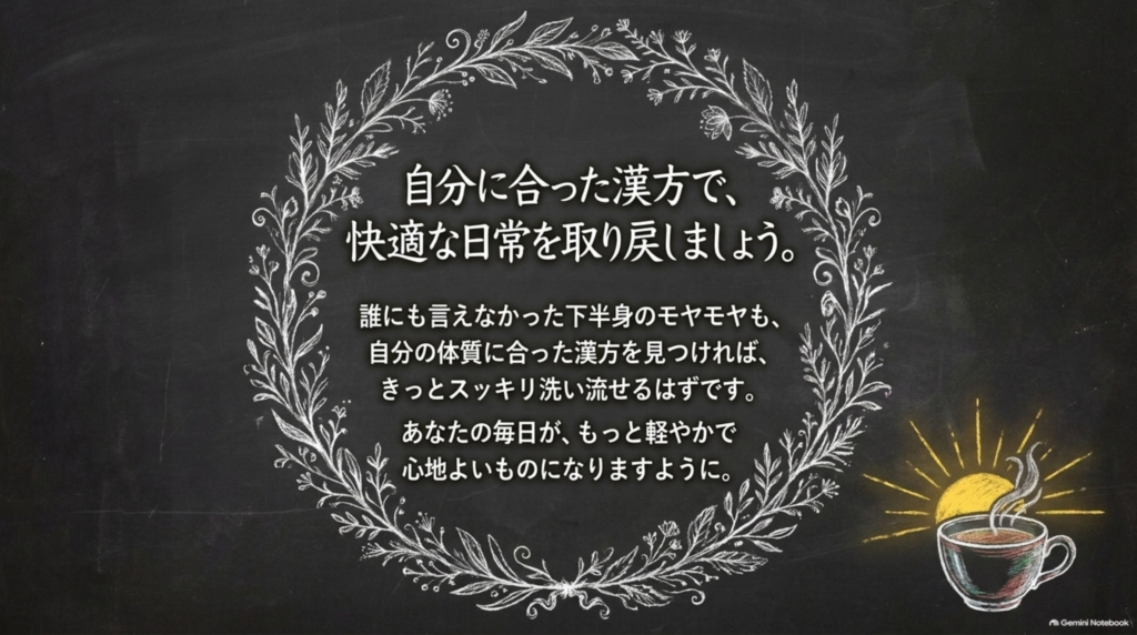 自分に合った漢方で快適な日常を。誰にも言えなかった下半身の悩みも、体質に合った漢方ですっきり洗い流せるはずです
