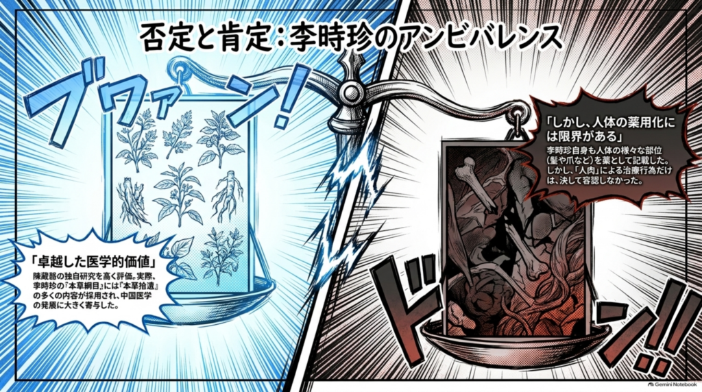 否定と肯定:李時珍は陳藏器の独自研究を高く評価し『本草綱目』に採用する一方、人肉の治療行為は容認しなかった