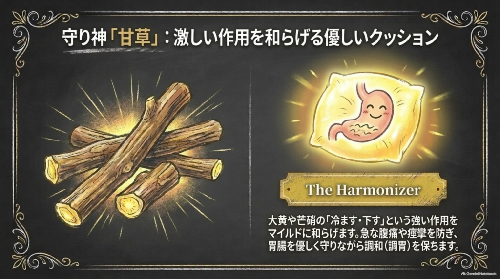 守り神「甘草」：大黄や芒硝の強い作用を和らげ、急な腹痛を防ぎながら胃腸を優しく守る
