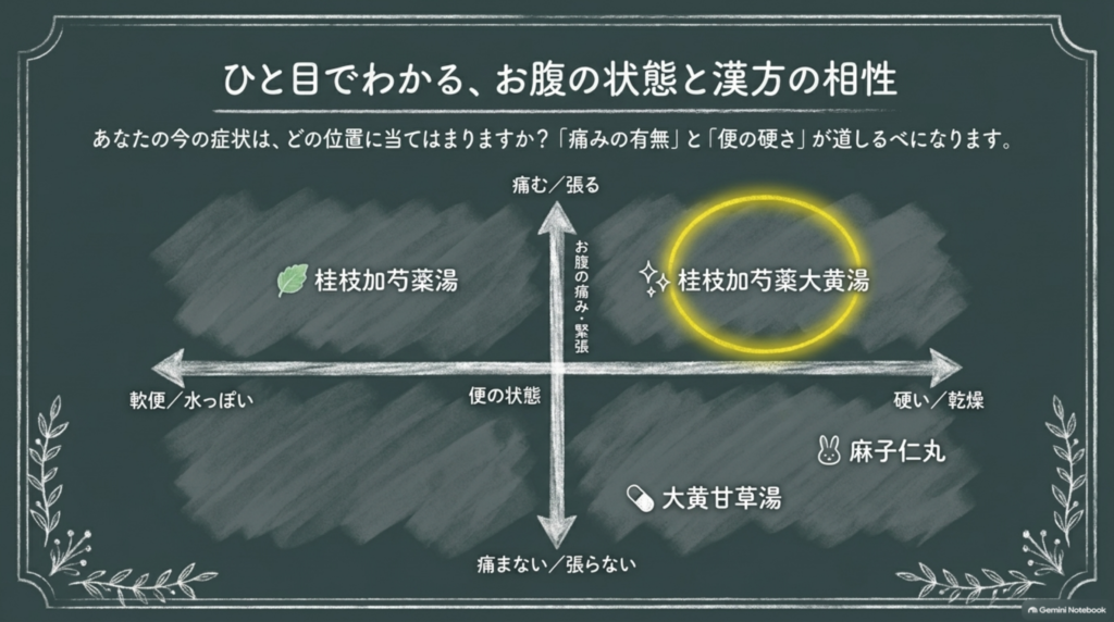 お腹の状態と漢方の相性:痛み・張りの有無と便の硬さで、桂枝加芍薬湯・桂枝加芍薬大黄湯・大黄甘草湯・麻子仁丸の位置づけを示した図