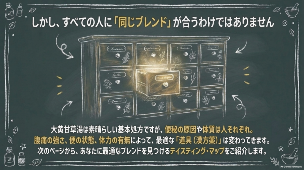 しかし、すべての人に同じ処方が合うわけではない。腹痛の強さ、便の状態、体力の有無によって最適な漢方薬は変わる