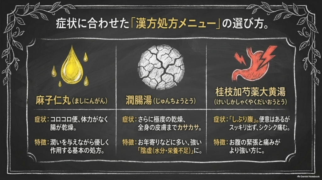 症状に合わせた選び方：麻子仁丸はコロコロ便で体力がなく腸が乾燥、潤腸湯はさらに乾燥が強く皮膚までカサカサ、桂枝加芍薬大黄湯はしぶり腹