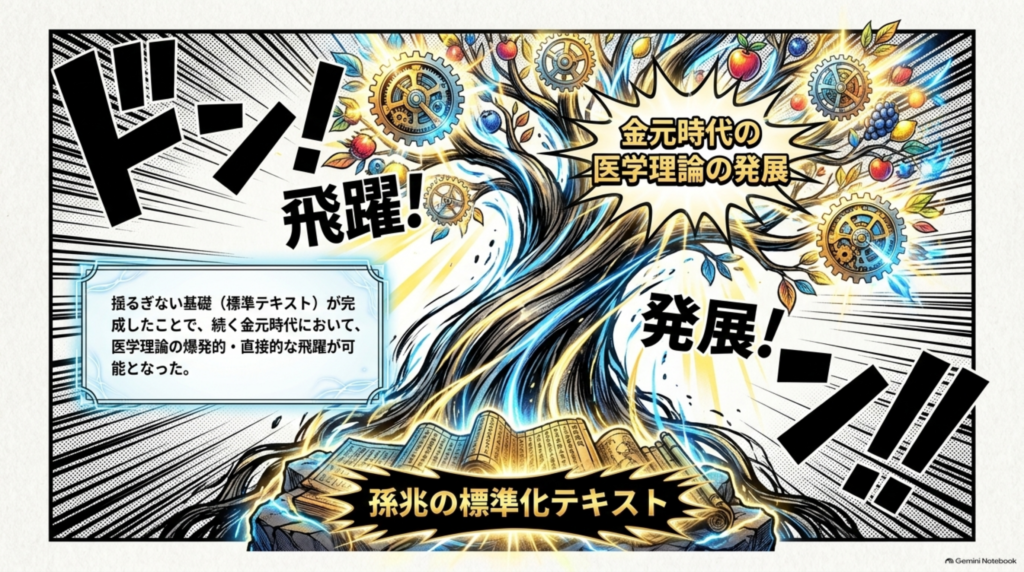 孫兆らの標準化テキストという揺るぎない基礎ができたことで、金元時代の医学理論が大きく発展した
