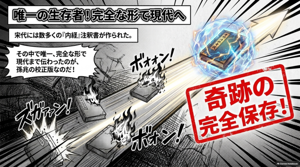 宋代に作られた数多くの『内経』注釈書のうち、唯一完全な形で現代へ伝わったのが孫兆の校正版