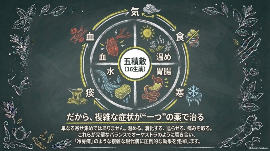 温める・消化する・巡らせる・痛みを取る。複雑な症状が一つの薬で整う五積散の全体像