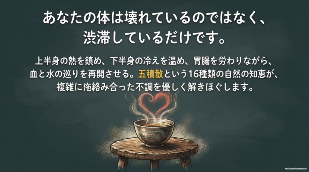 あなたの体は壊れているのではなく、渋滞しているだけ。五積散が複雑に絡み合った不調を優しく解きほぐす
