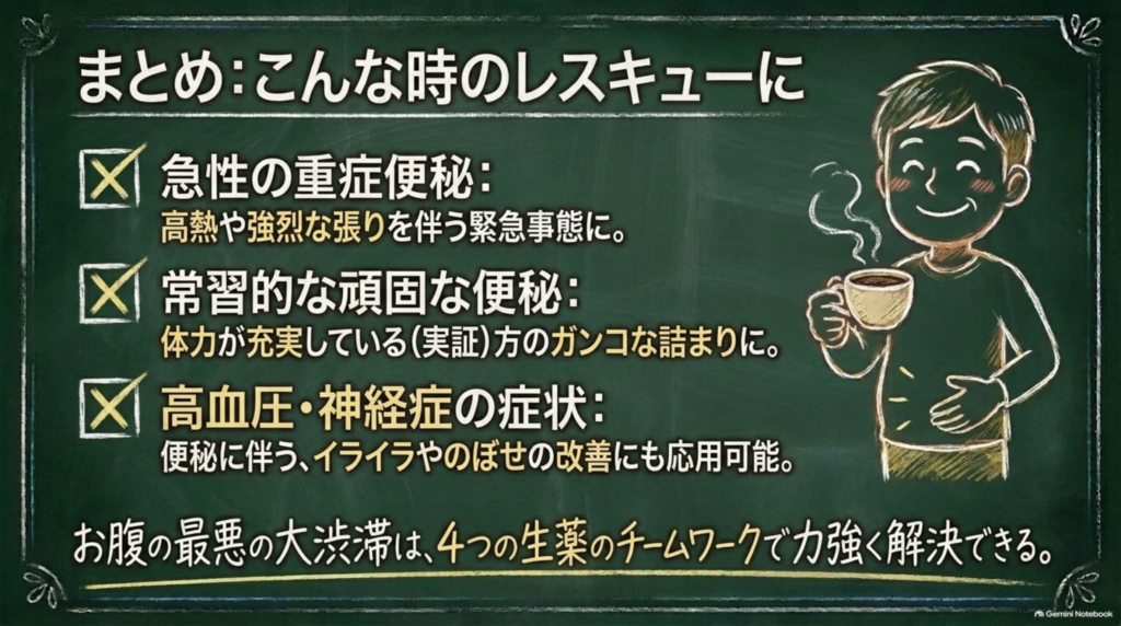 まとめ：急性の重症便秘、体力が充実した方の頑固な便秘、便秘に伴うイライラやのぼせにも応用される大承気湯