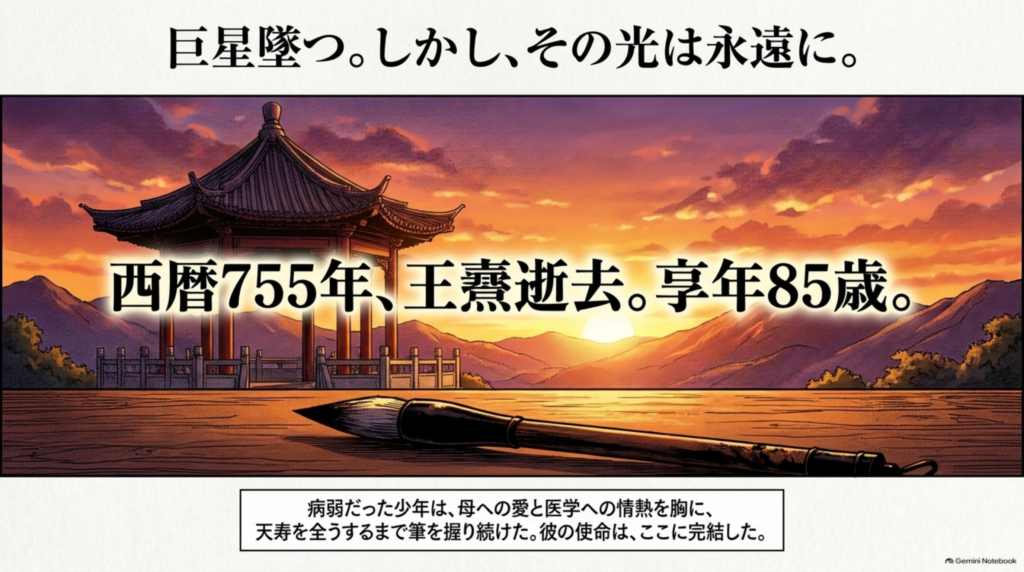 巨星墜つ。西暦755年、王燾逝去、享年85歳。病弱だった少年は天寿を全うするまで筆を握り続けた
