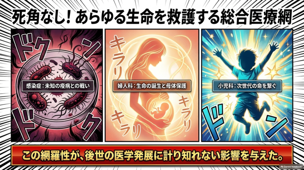 感染症・婦人科・小児科まで網羅した総合医療。この網羅性が後世の医学発展に計り知れない影響を与えた