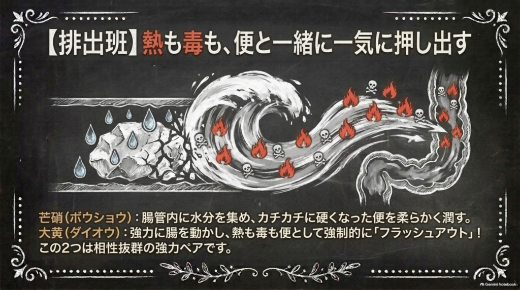 排出班：芒硝（ボウショウ）が硬い便を柔らかくし、大黄（ダイオウ）が熱も毒も便と一緒に一気に押し出す