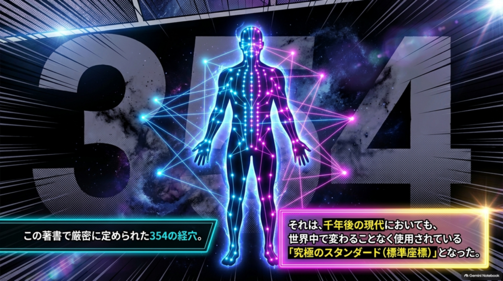 この著書で厳密に定められた354の経穴は、千年後の現代でも変わることなく使用されている