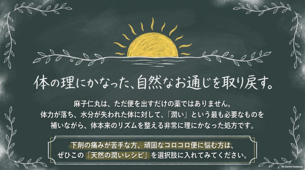体の理にかなった、自然なお通じを取り戻す。麻子仁丸は体力が落ち水分が失われた体に潤いを補う処方