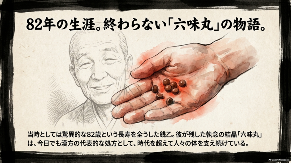 82年の生涯。当時としては驚異的な長寿を全うした銭乙。彼が残した六味丸は今日でも漢方の代表的な処方として人々の体を支えている