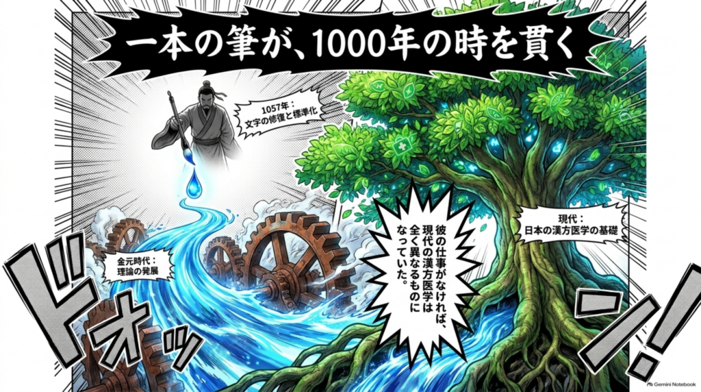 一本の筆が千年の時を貫く。1057年の文字の修復と標準化が、金元時代の理論の発展、そして現代日本の漢方医学の基礎へ