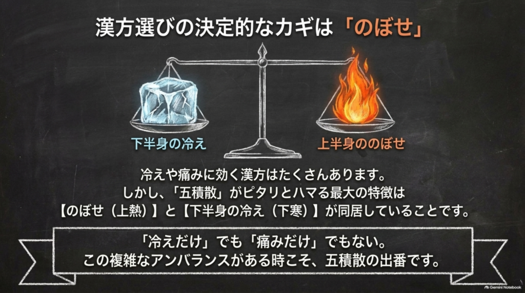 漢方選びの決定的なカギは「のぼせ」。下半身の冷えと上半身ののぼせが同居していることが五積散の特徴