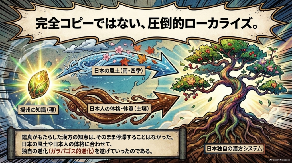 完全コピーではないローカライズ。鑑真がもたらした漢方の知恵は、日本の風土や体質に合わせて独自に進化した