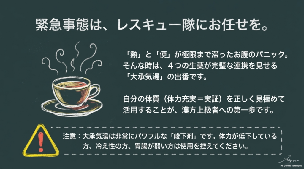 緊急事態はレスキュー隊にお任せを。注意：大承気湯は非常にパワフルな峻下剤。体力が低下している方、冷え性の方、胃腸が弱い方は使用を控える