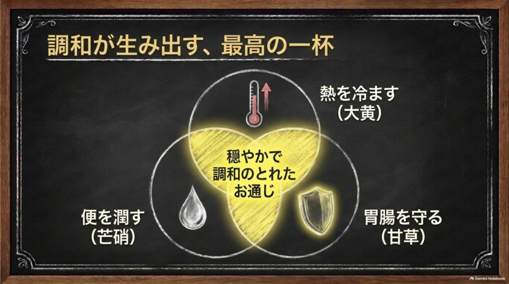 熱を冷ます大黄、便を潤す芒硝、胃腸を守る甘草。3つが重なって穏やかで調和のとれたお通じに