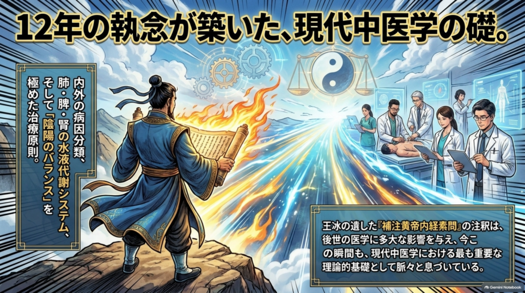 12年の執念が築いた現代中医学の礎。王冰の注釈は後世の医学に多大な影響を与え、今も重要な理論的基礎として息づいている