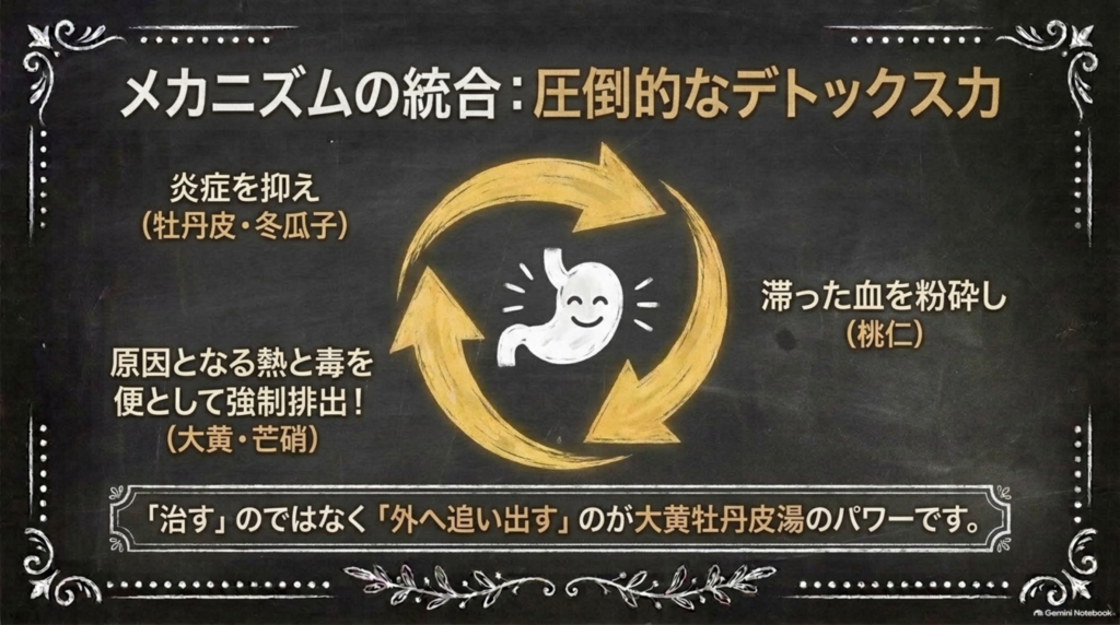 メカニズムの統合：炎症を抑え、滞った血を流し、熱と毒を便として排出する。「外へ追い出す」のが大黄牡丹皮湯の力
